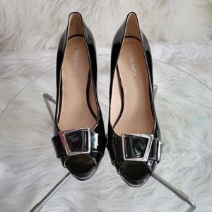 NINE WEST Peep Toe Black Patent Leather SEXY High Heels Pumps Shoes
